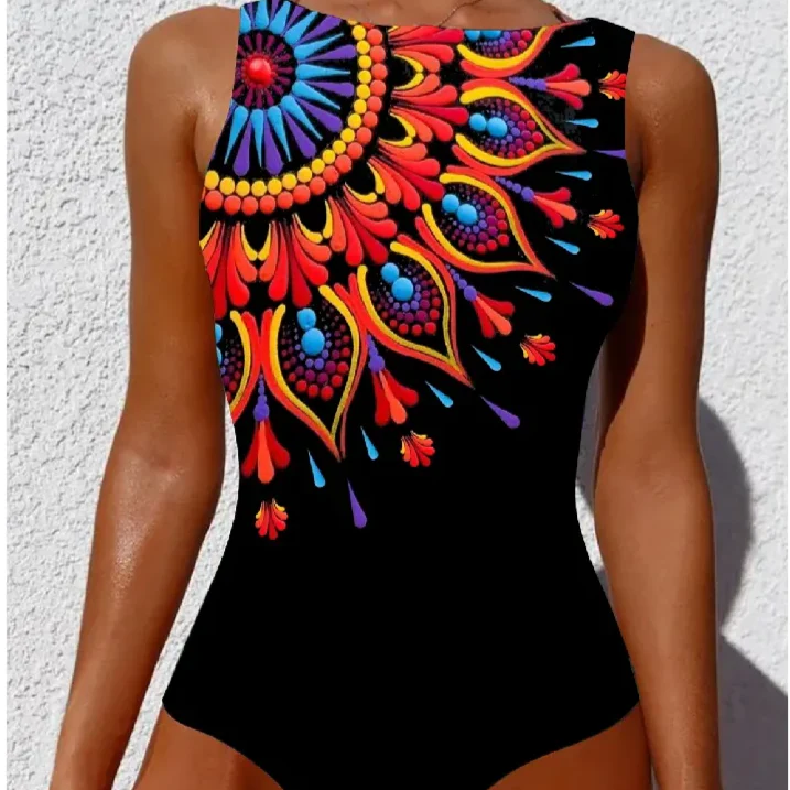 Oriental Print Stretch One-Piece Swimsuit