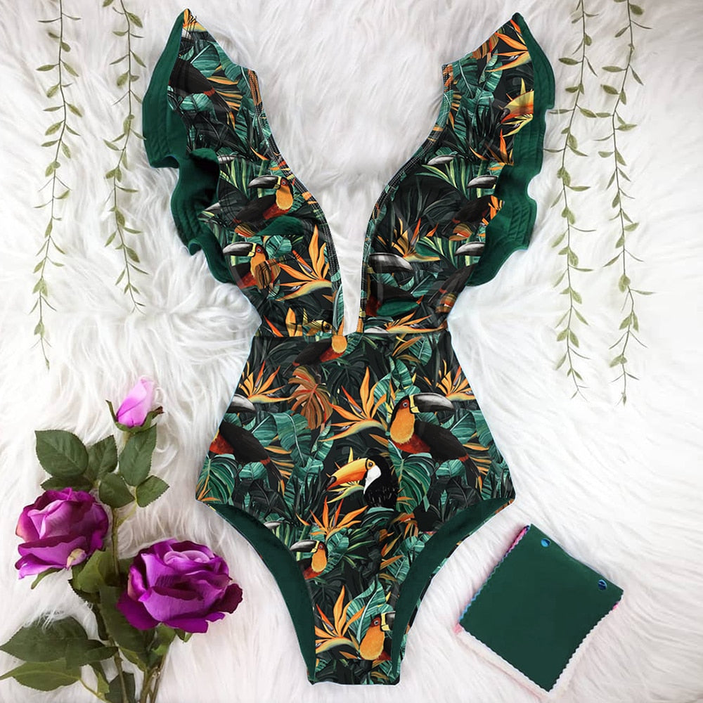 One-piece swimsuit with decorative sleeves