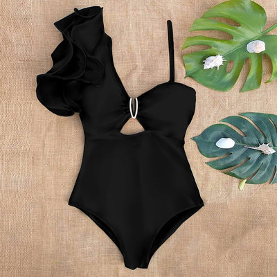 One-piece swimsuit with decorative shoulder