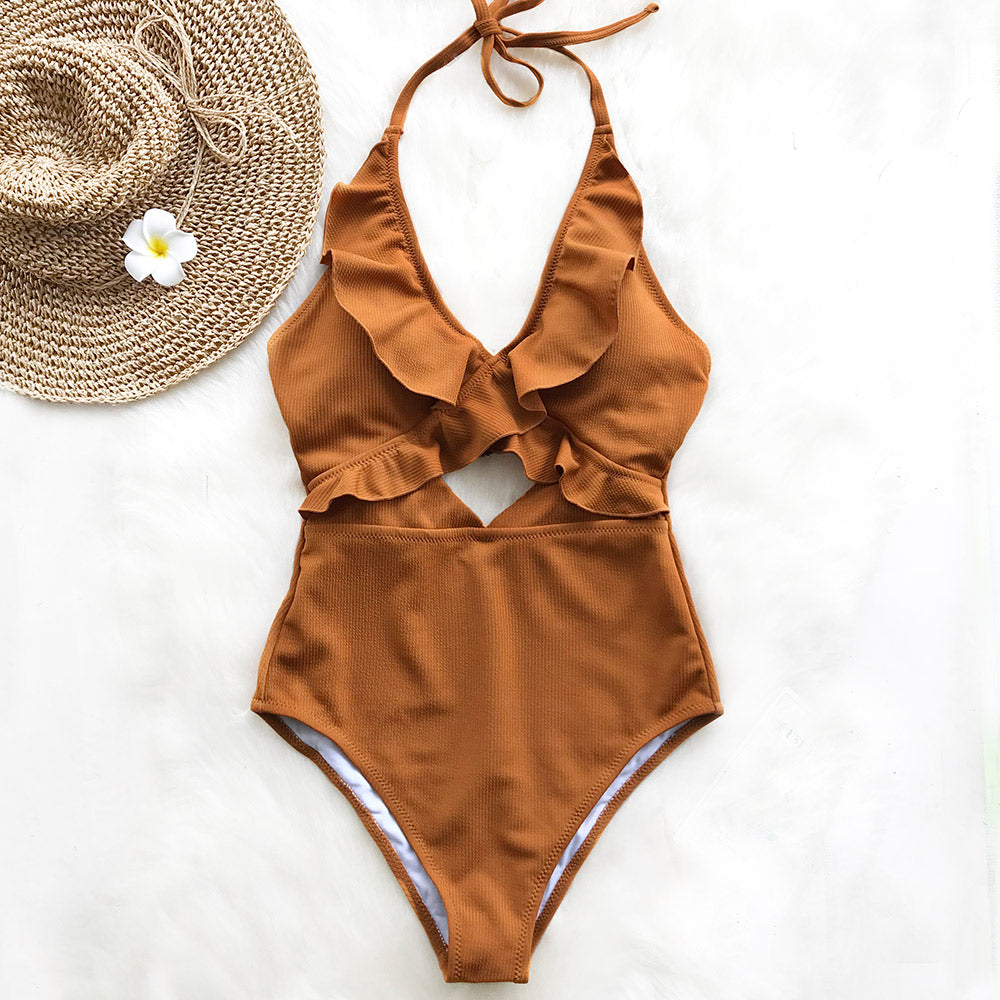 One-piece swimsuit with a frill