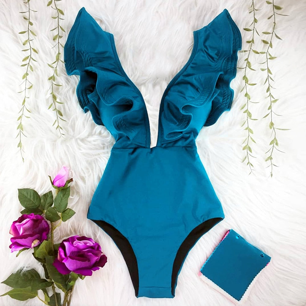 One-piece swimsuit with decorative sleeves