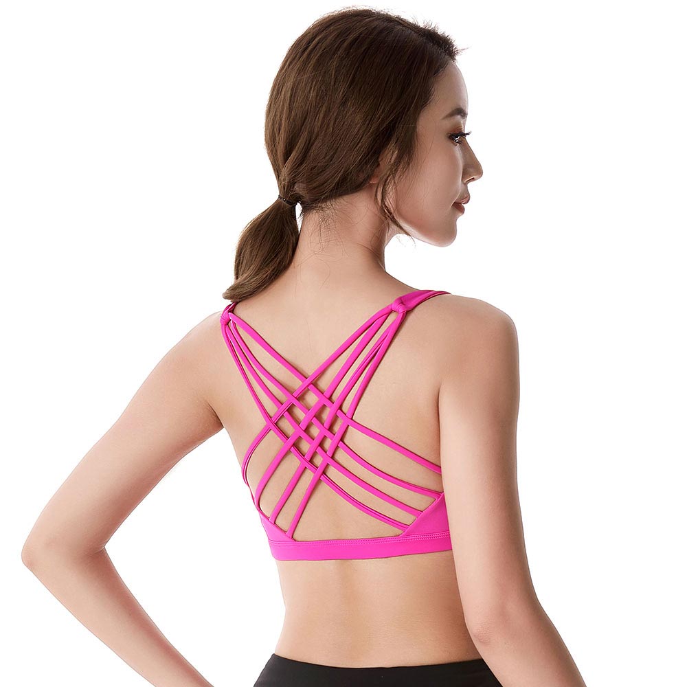 Crossed shoulder straps sports bra