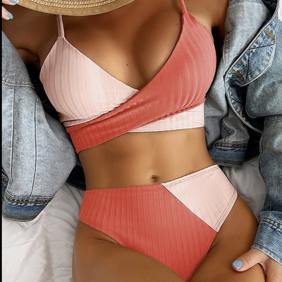 Two-piece bikini swimsuit in combined materials