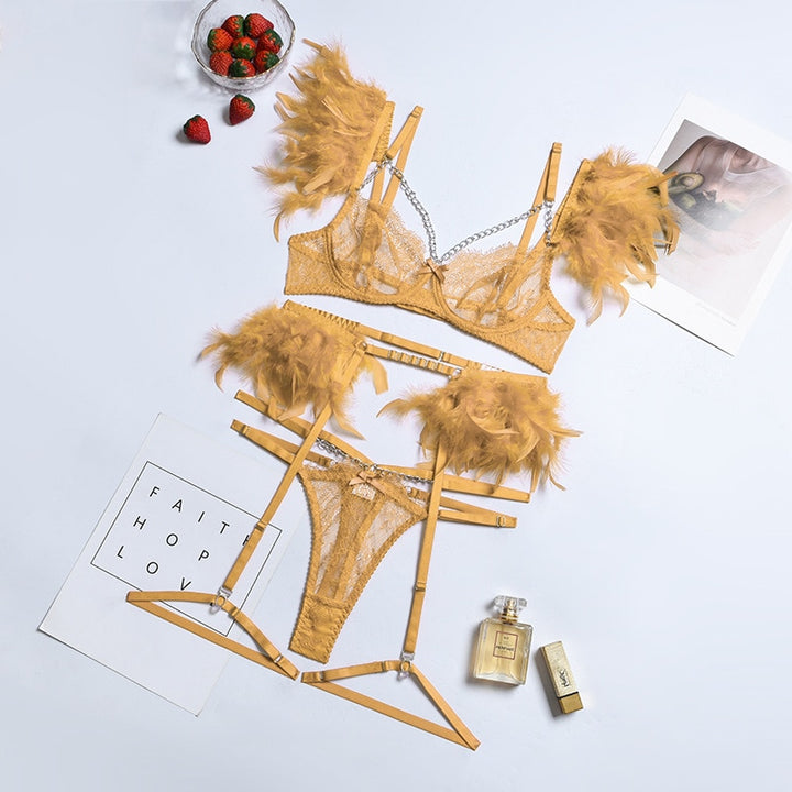 Sensual 3-piece lace lingerie set with decorative feathers