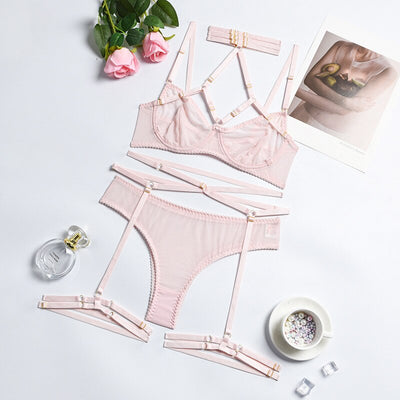 3-piece mesh underwear set with decorative stripes