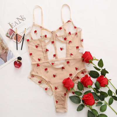 Rose pattern mesh bodysuit with frill